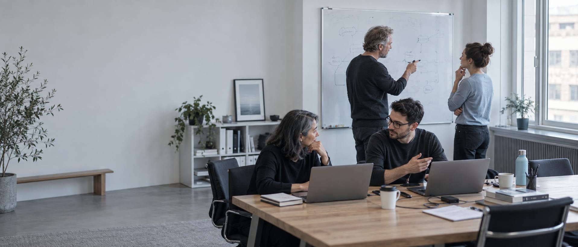 Four colleagues working in one room, two talking at a whiteboard and two at laptops on a shared table