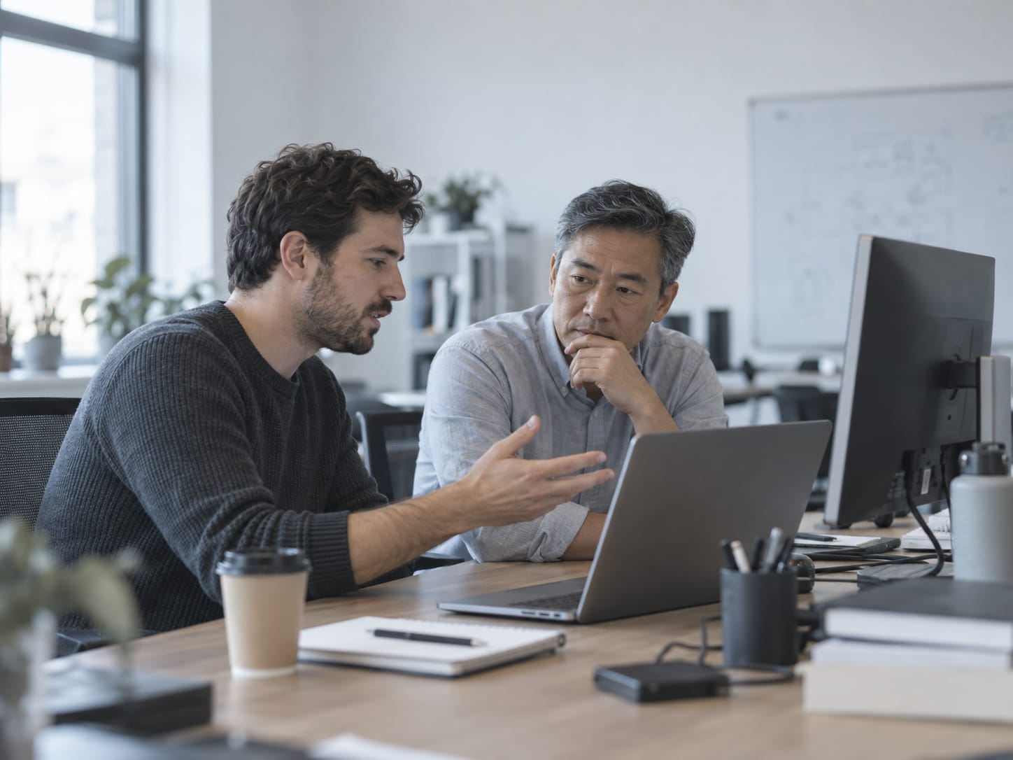 Two colleagues at a desk, one explaining a point over a laptop while the other listens